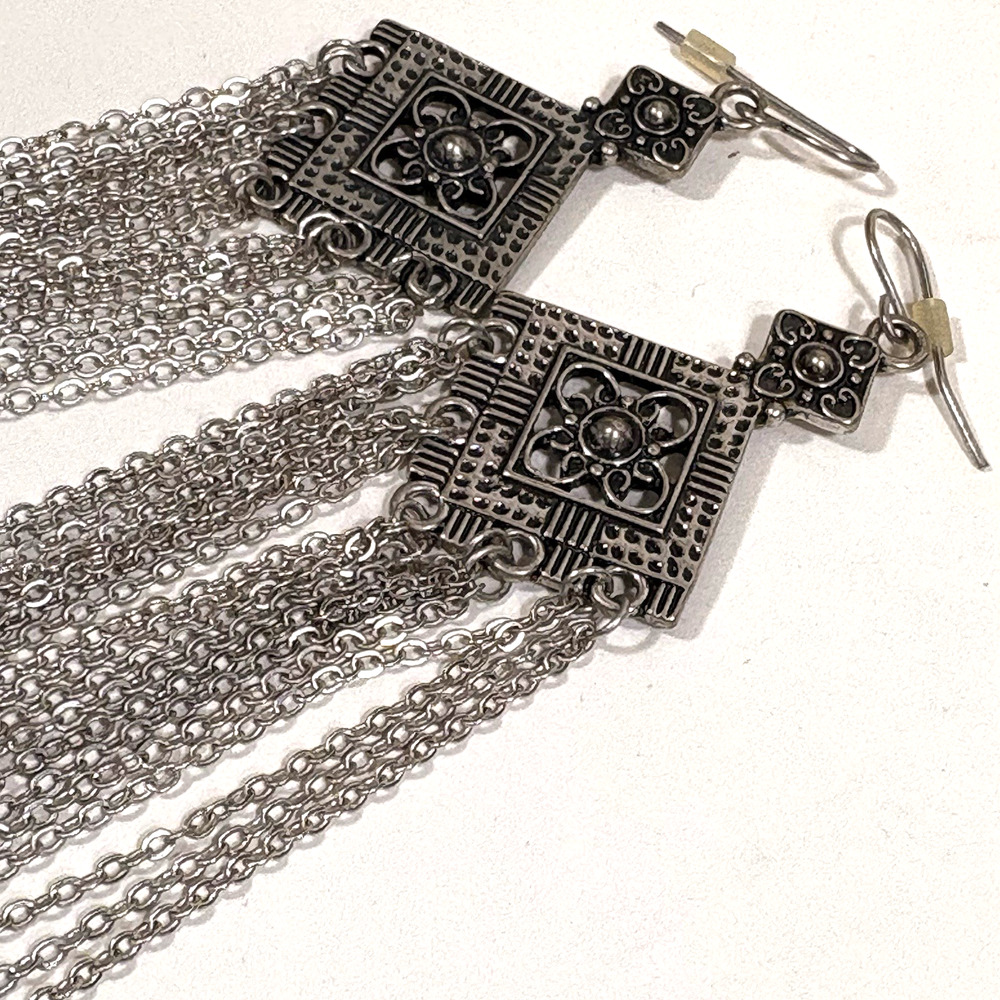 Silver Tone Earrings Tassel Dangle Bohemian Boho Diamond Shape Floral Chains